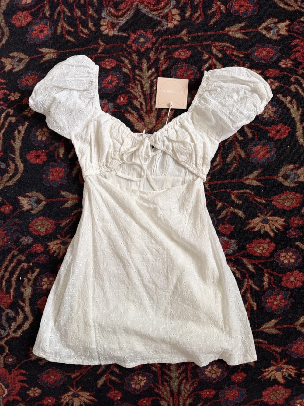 Kittenish White Eyelet Puff-Sleeve Mini Dress